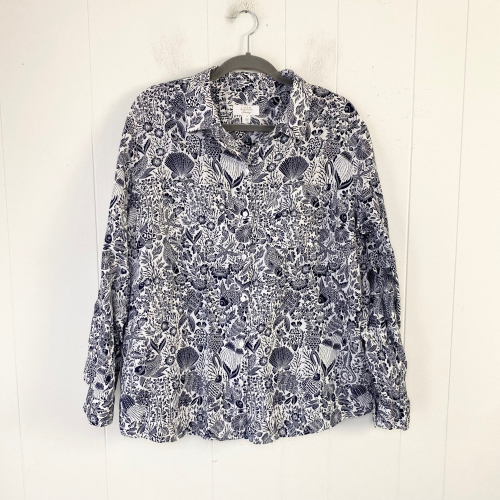Charter Club Luxury Linen Blend Navy White Fish Shell Print Button Down Shirt XL
